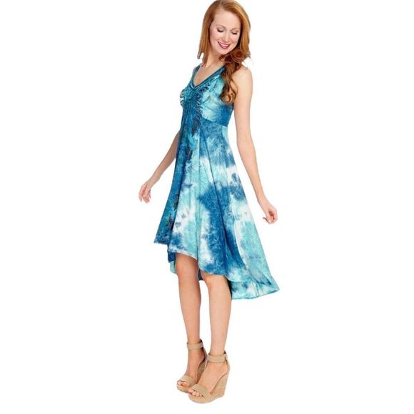 ONE WORLD Dresses & Skirts - One World Live and Let Live Blue Tie Dye High Low Boho Sleeveless Dress Size L